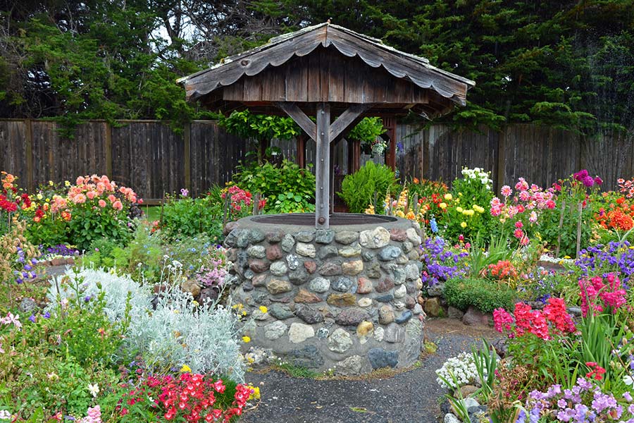 Water well surrounded by a garden with flowers